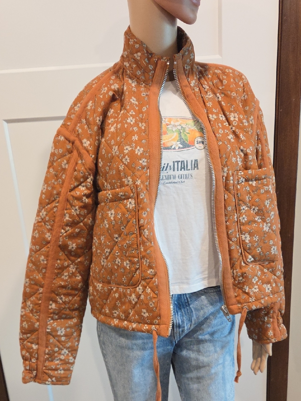 Blank NYC Quilted Floral Puffer Jacket - Rust